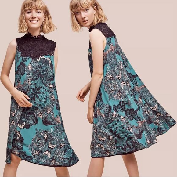Anthropologie Maeve Lace Collar Butterfly Swing Dress Summer A-Line Green Medium - Picture 1 of 10